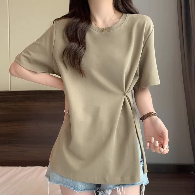 Plus Size feminino estilo francês comprimento médio cobrindo bunda ombro manga curta camiseta verão gordura mm cintura e
