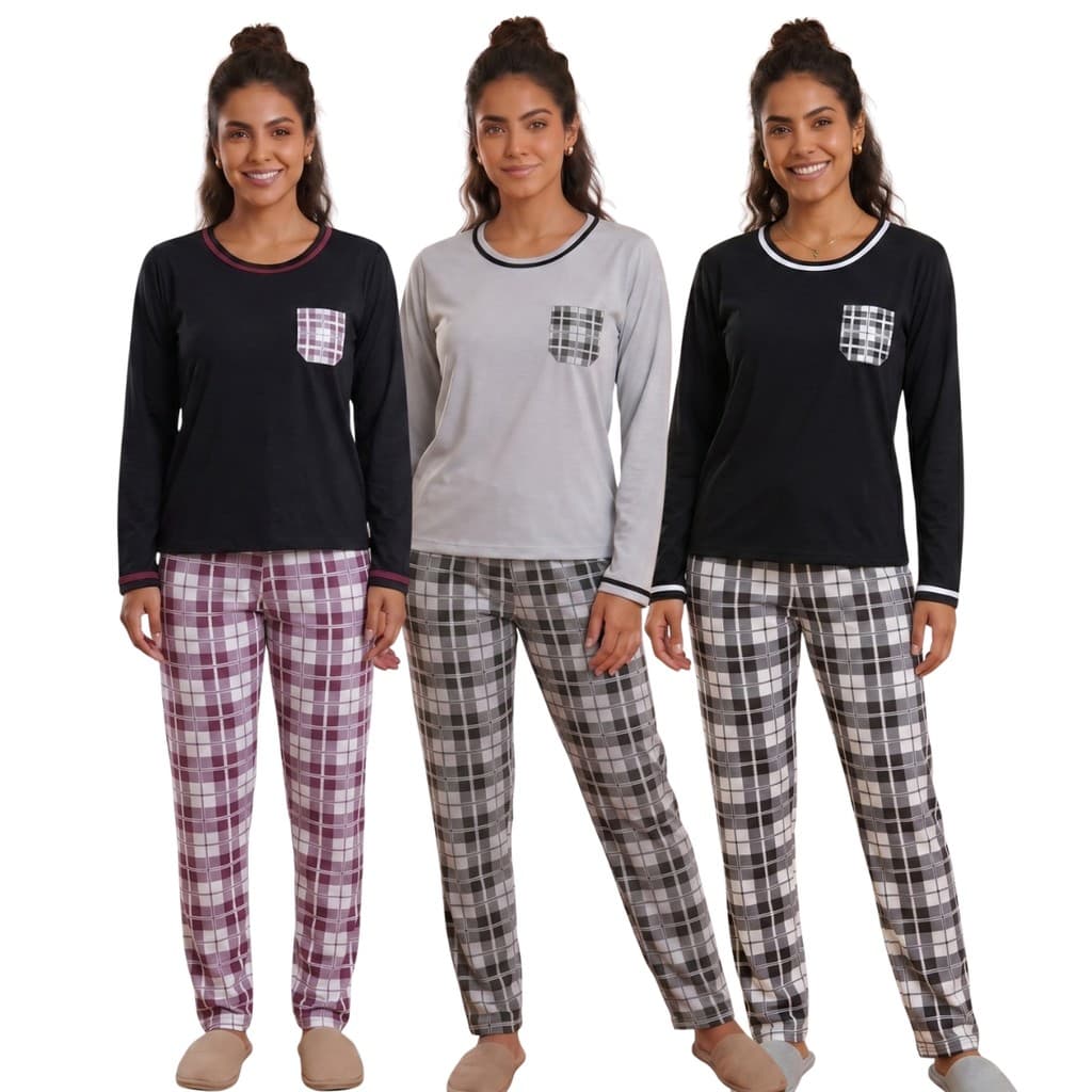 Pijama Xadrez Feminino Manga Comprida / Pijama de Inverno / Pijama Longo