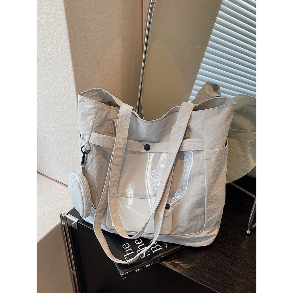 Grande capacidade japonês lazer viagem sacola feminina 2026 moda transparente estudante classe saco de um ombro Commuter