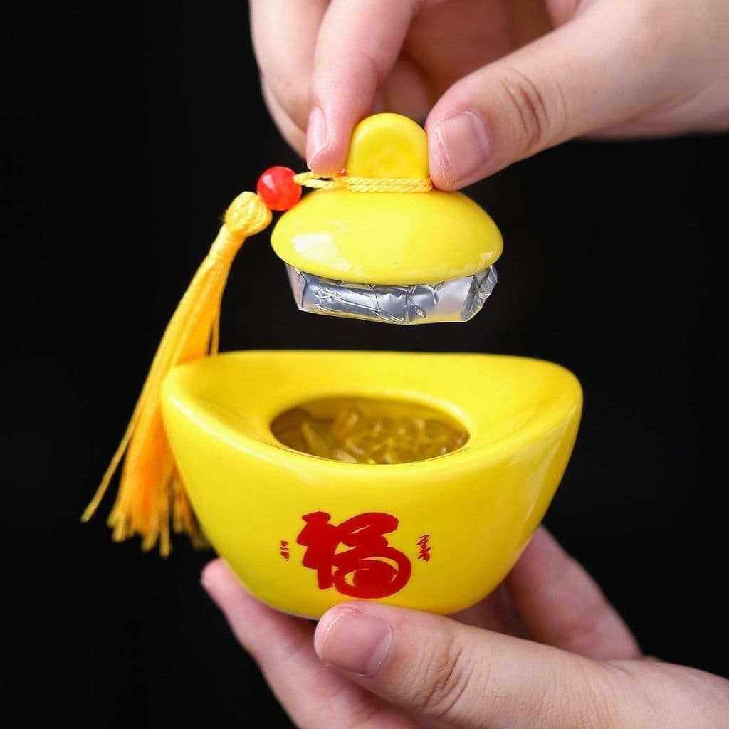 Ornamentos de lingote de cerâmica com cobertura aberta, abertura amarela, oco, tamanho pequeno, personagem Fu Zhaocai Ji