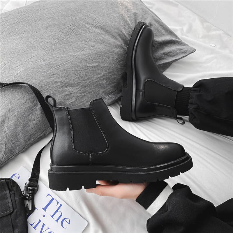 Chelsea botas masculinas Martin botas estilo britânico inverno Mid-cut chaminé botas ins influenciador motocicleta preto