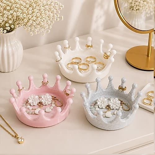 Porta-Joias Coroa Decorativa 13cm | Organizador de Anéis, Brincos e Acessórios | Branco, Rosa, Preto e Marmorizado