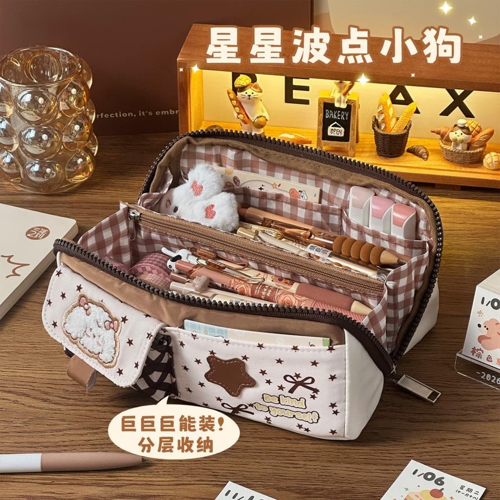Star Polka Dot Puppy Pencil Case 2026 Novo estilo Grande capacidade Grande abertura Papelaria Bolsa Alunos do ensino fun