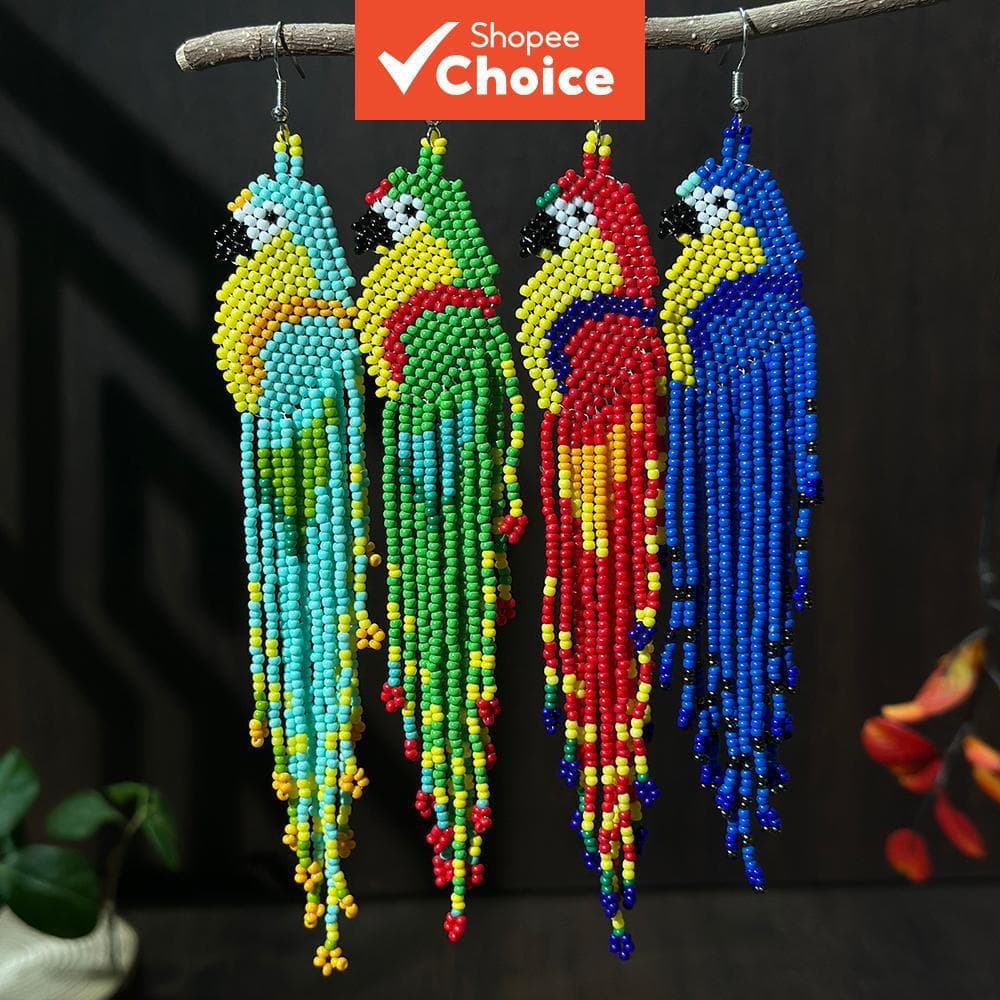 Brincos De Pássaro Com Contas De Vidro De Papagaio , Longos , Feitos À Mão , Franjas , Gancho De Orelha , Boho