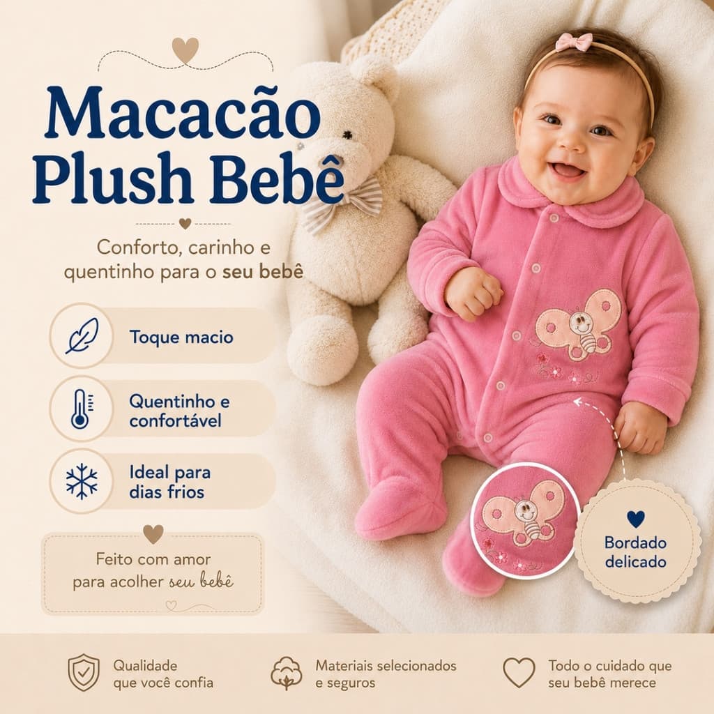 Macacão Tecido Plush Para Bebê Menina Body P M G 0-8 Meses Com Pés Bordado Fofinho Várias Cores