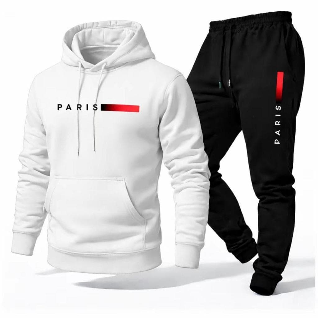 Conjunto Paris Moletom Estampado Capuz Bolsos Casual Calça Jogger Unissex Moda Inverno