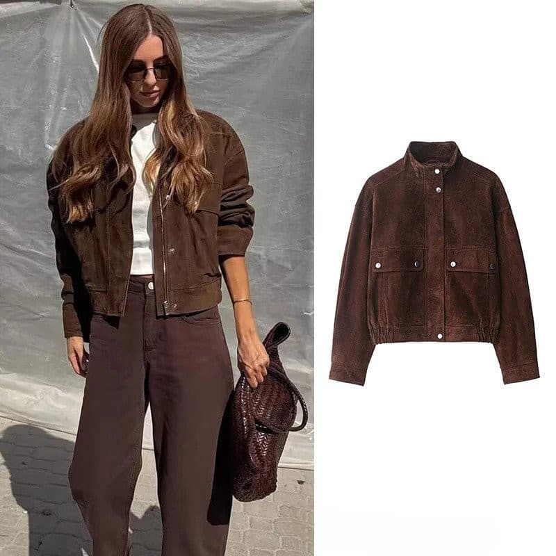 Jaquetas de Outono Femininas 2025 Nova Moda com Grandes Bolsos Elegantes Jaquetas Soltas e Quentes para Mulheres Jaqueta