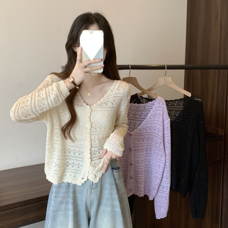 Verão oco malha Cardigan novo estilo feminino gola fina casaco fino ar condicionado xale protetor solar de manga comprid