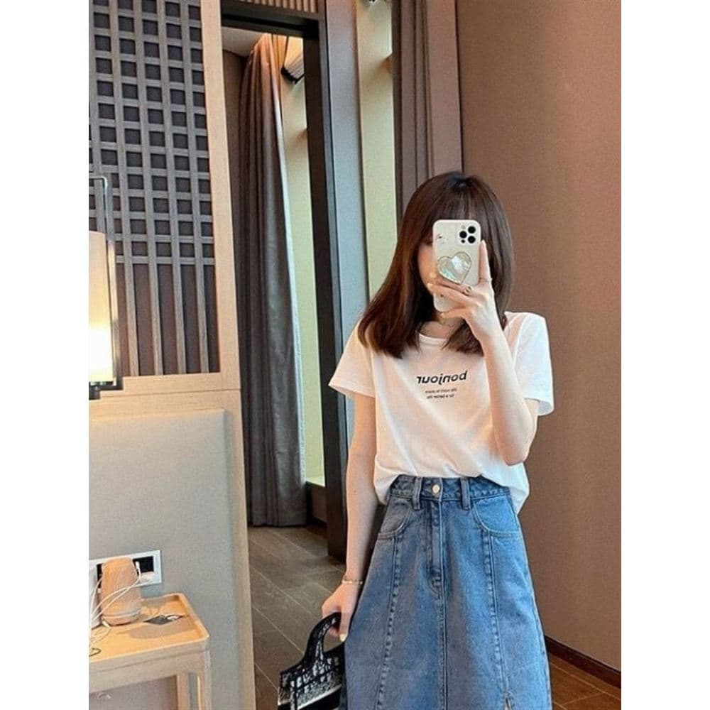 Renda costura Denim saia feminina 2024 primavera verão novo estilo solto All-Match joelho saia versão coreana saia guard