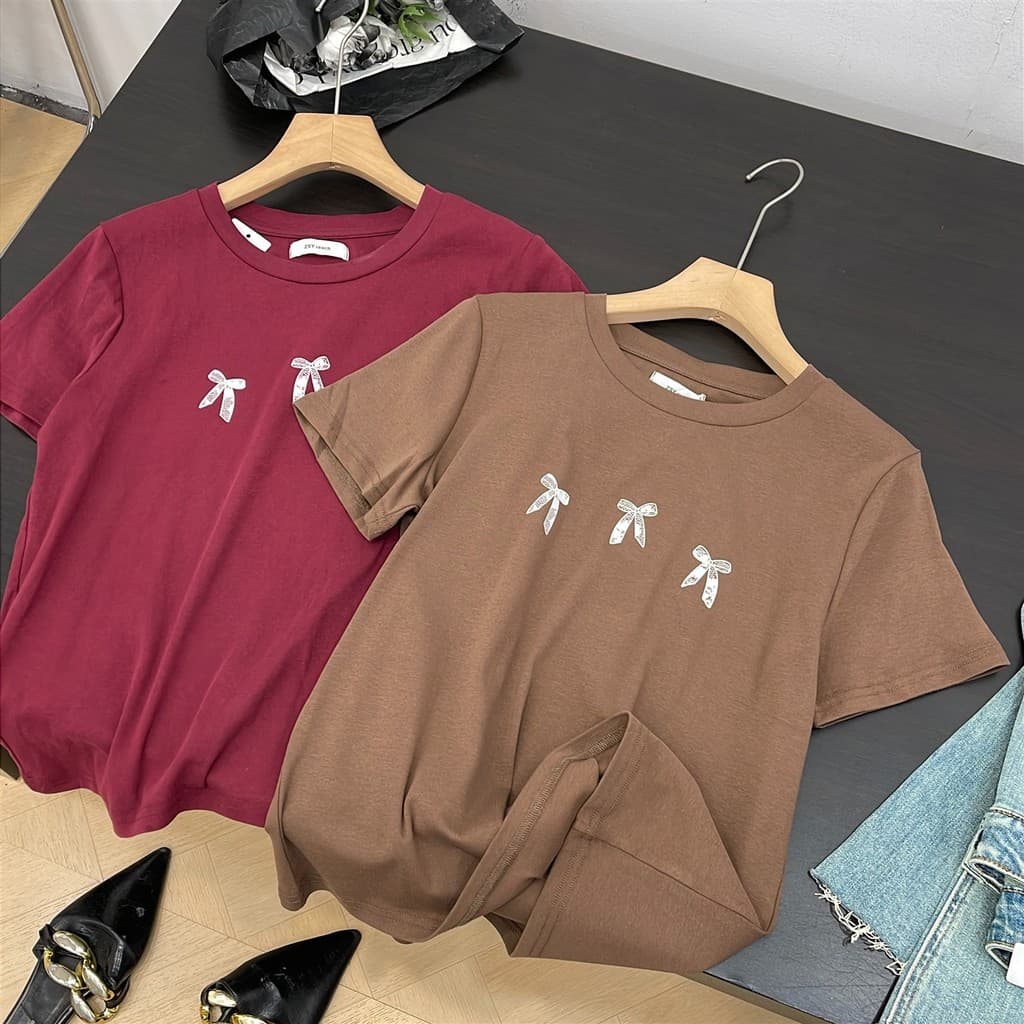 Camiseta cor sólida verão nicho arco novo estilo manga curta Original em linha reta Casual topo D#12