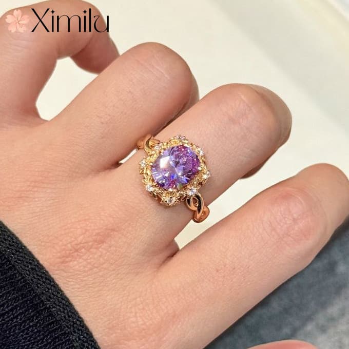 ⭐ Francês romântico elegante luz luxo dourado Oval em forma de ovo ametista anel feminino moda jóias requintadas