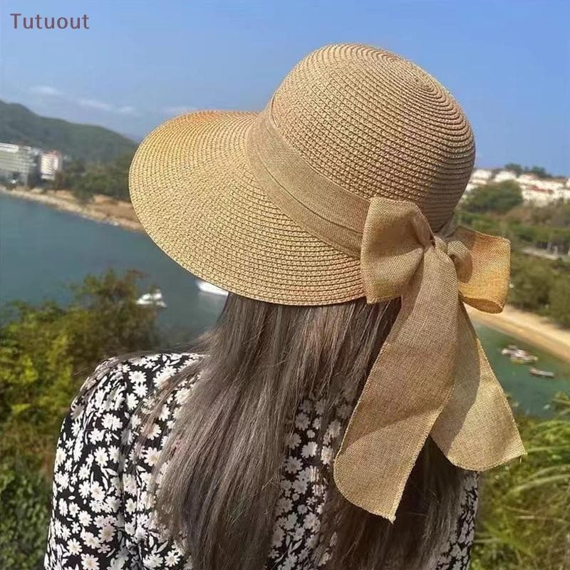 Chapéu de Sol de Verão com Laço TUTU, Respirável, Aba Larga, Proteção UV, Chapéu de Palha Casual para Mulheres e Meninas
