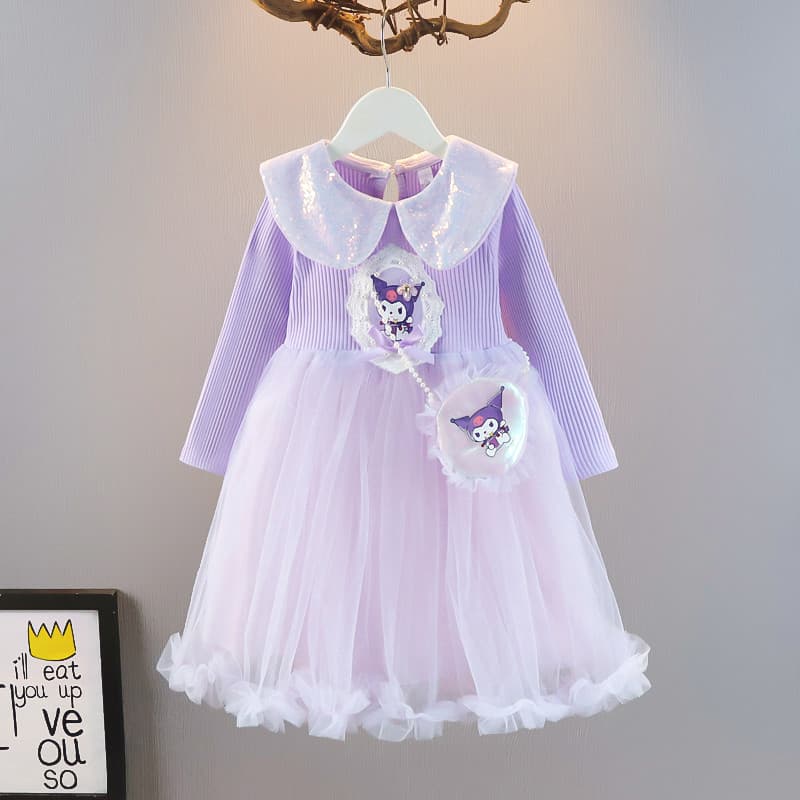 Meninas Kuromi vestido de princesa primavera outono vestido 2024 nova saia convexa de manga comprida vestido inchado bol