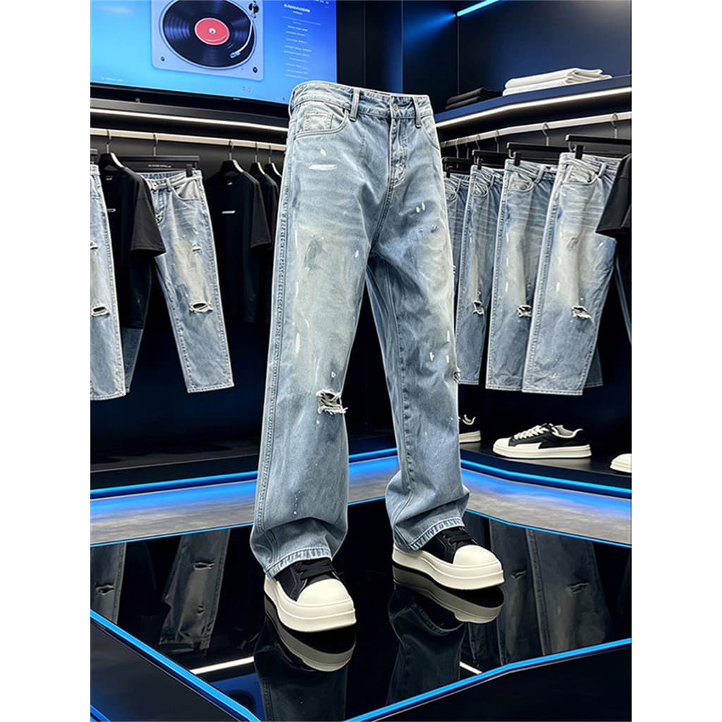 American High Street Street Wear Angustiado Rasgado Jeans de Perna Larga Masculino Solto Cortina Reta Exclusiva Bonito C