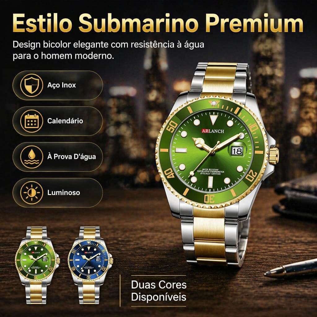 Relógio Masculino Mergulho Bicolor Quartzo Aço Inoxidável Calendário Luminoso Submarino À Prova D'água Pulseira