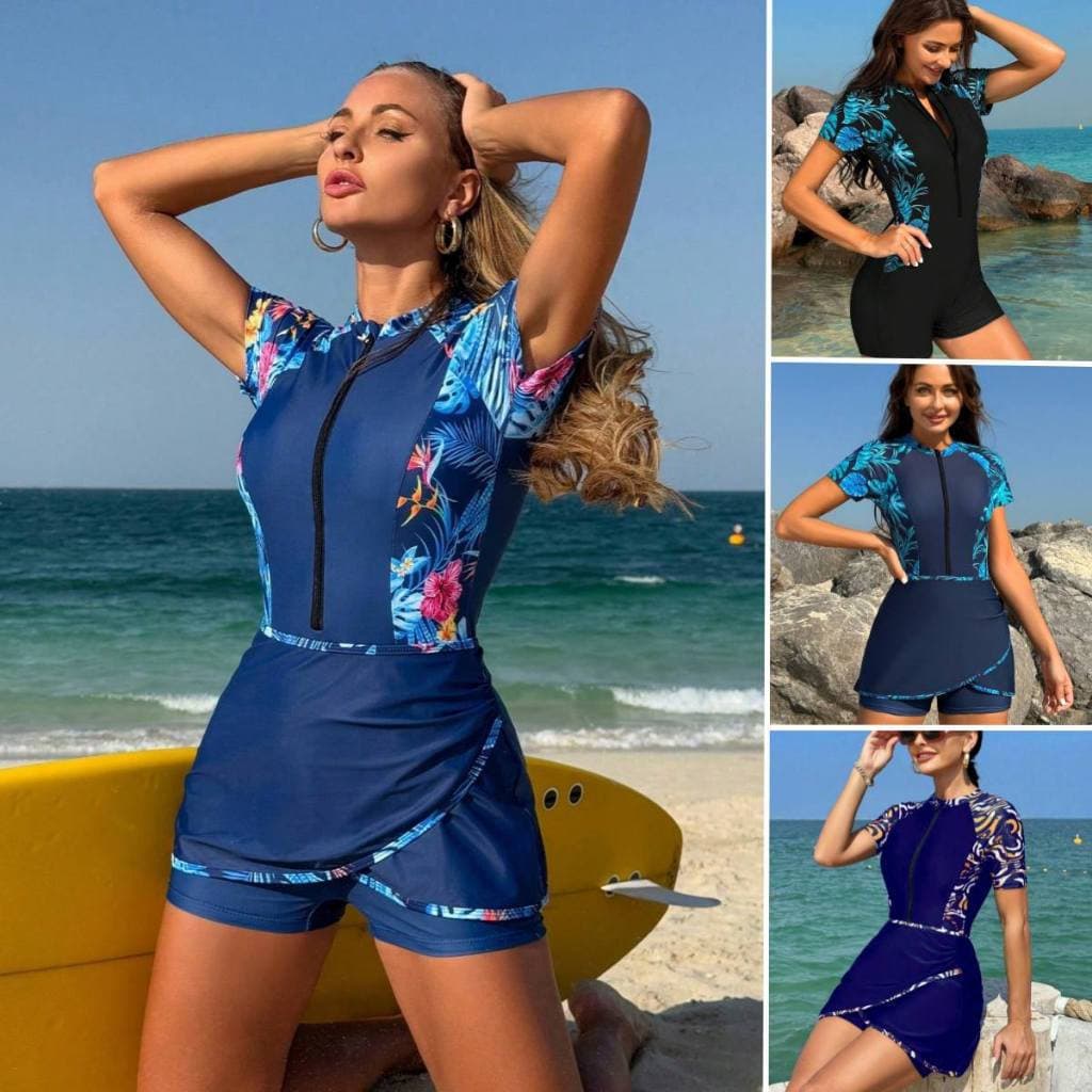 Conjunto de Biquíni Tankini Feminino com Zíper, Manga Curta, Moda Praia com Estampa Contrastante 2QHZ