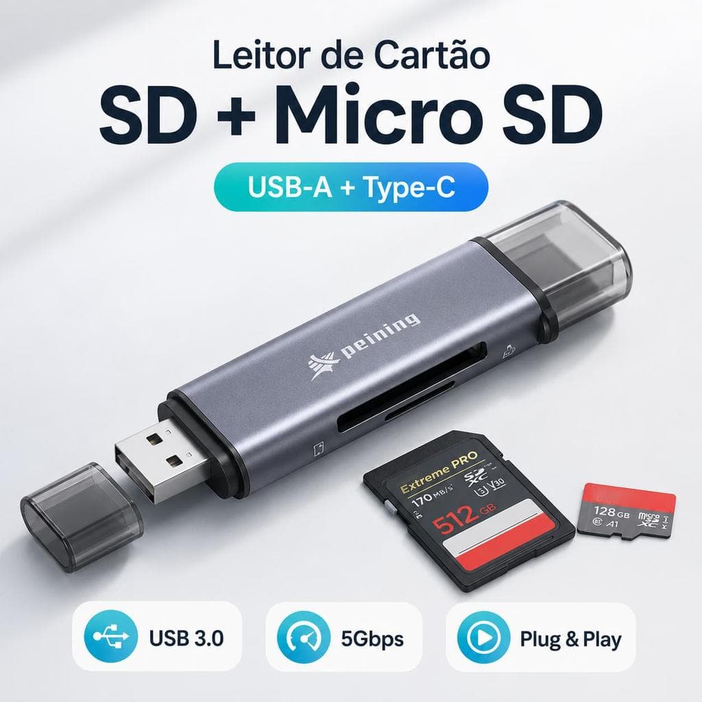 Leitor de Cartão SD e Micro SD 2 em 1 USB-A + Type-C, USB 3.0 5Gbps, Adaptador de Memória para PC, Notebook, Tablet e An