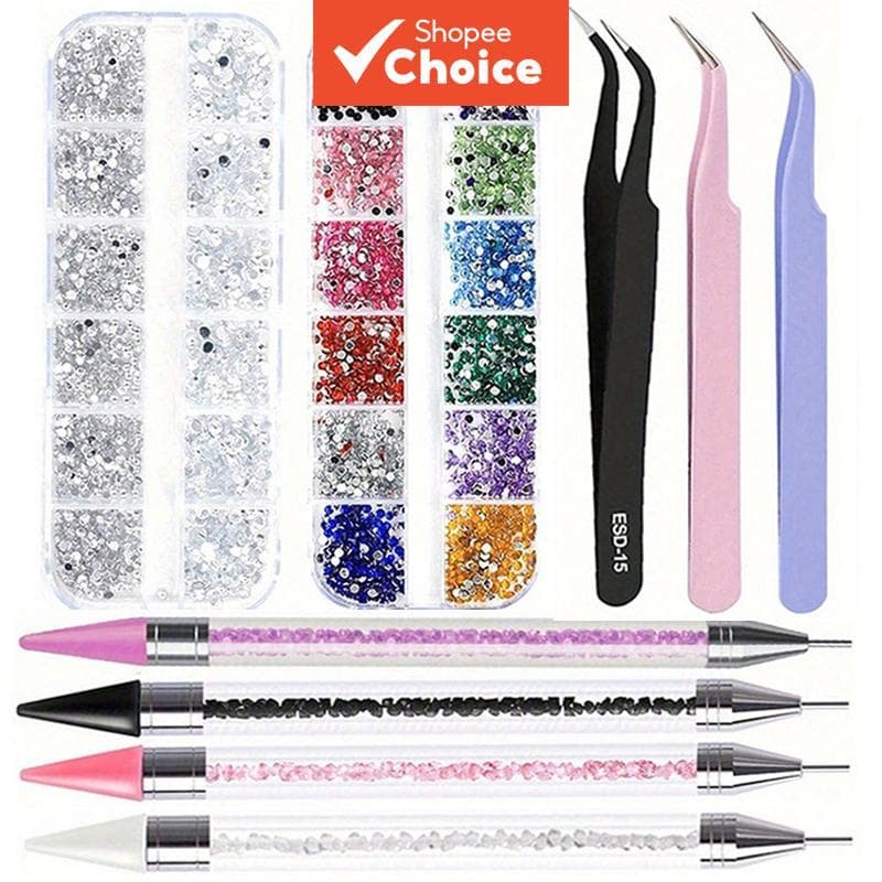 Kit-4 peças, kit de manicure, strass com parte traseira plana, caneta de pontilhado e pinça curva para DIY de arte em