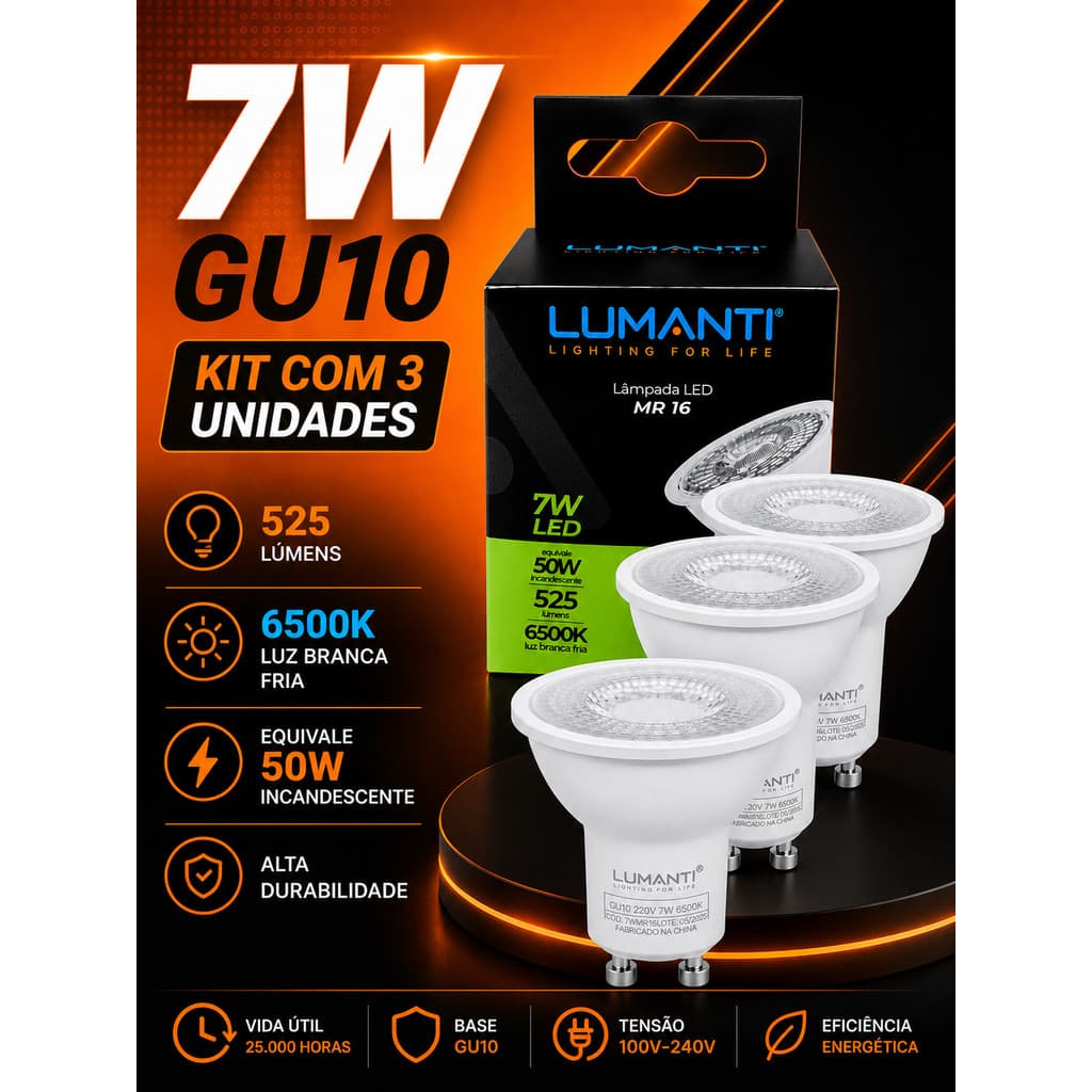 Kit 3 Lampada Led Dicroica Gu10 7w Bivolt 6500k 525lm Lumanti