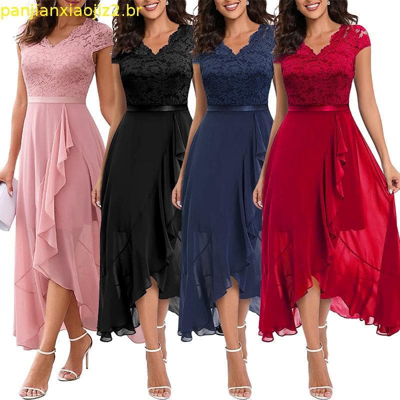 Novo 2024 Vestido de Renda Elegante das Mulheres para Festa de Aniversário Decote V Vintage Chic Split Floral A Linha V