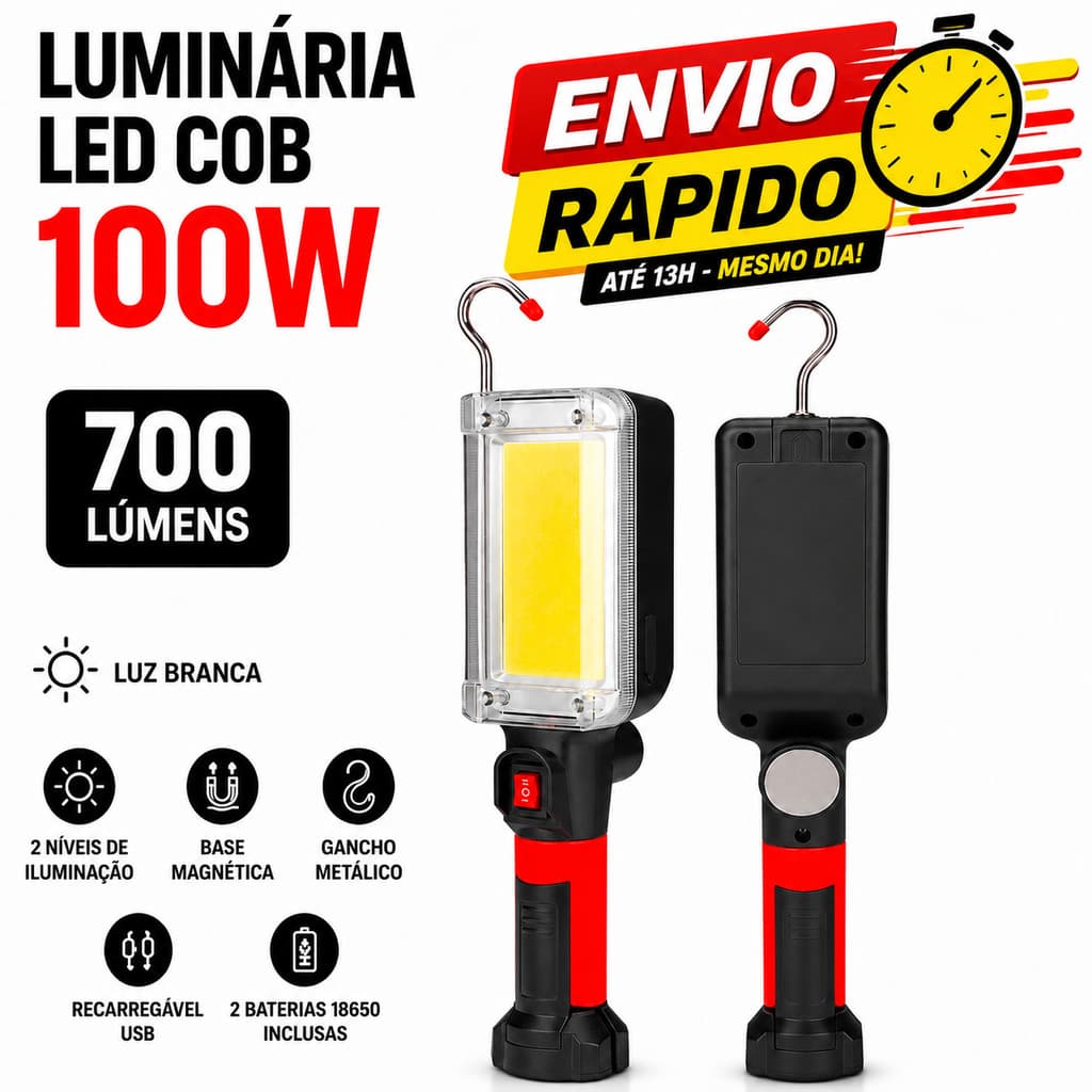 Lâmpada de Trabalho magnética Pendente Portátil Recarregável 100W 700LM