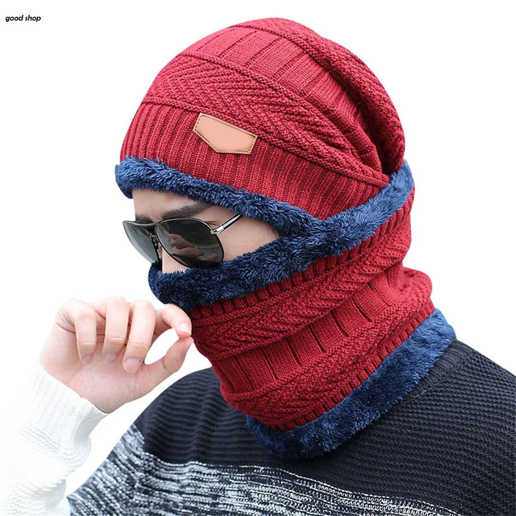 Quente Inverno Gorro Chapéu E Cachecol Conjunto Elegante Malha Crânio Boné Para Homens Esqui Wear Ciclismo Unisex