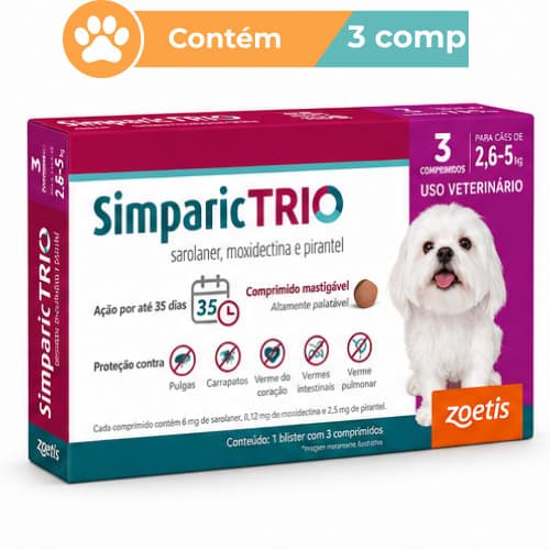 Antipulgas Simparic Trio 6mg Cães 2,6 a 5kg 3 Comprimidos