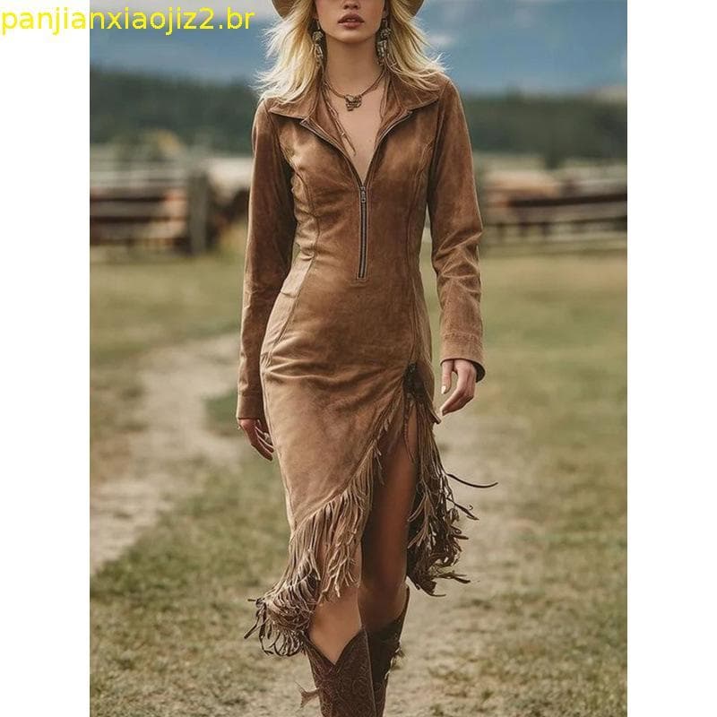 Vestido Maxi Feminino Retrô Com Franjas Cowgirl , Fashion Zíper , Manga Comprida , Fenda Alta , Boho , Emagrecimento , C