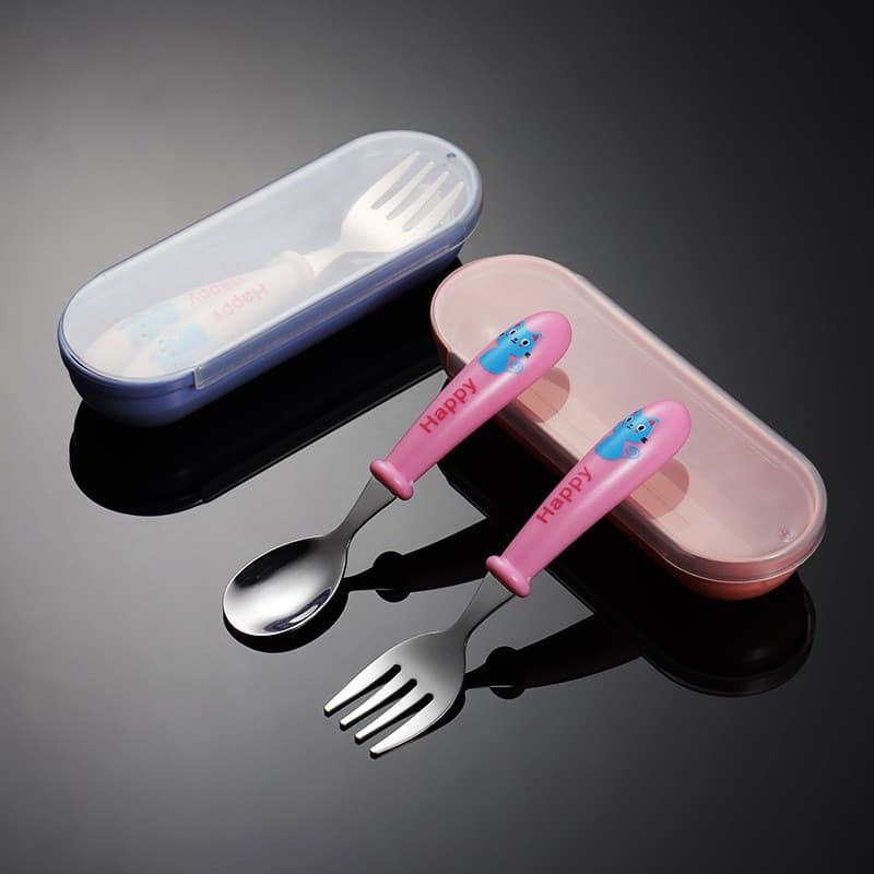 Garfo e Colher Infantil Einer em Aço Inoxidável 304, Utensílios Portáteis com Padrão de Gato Azul Fofo, Presente