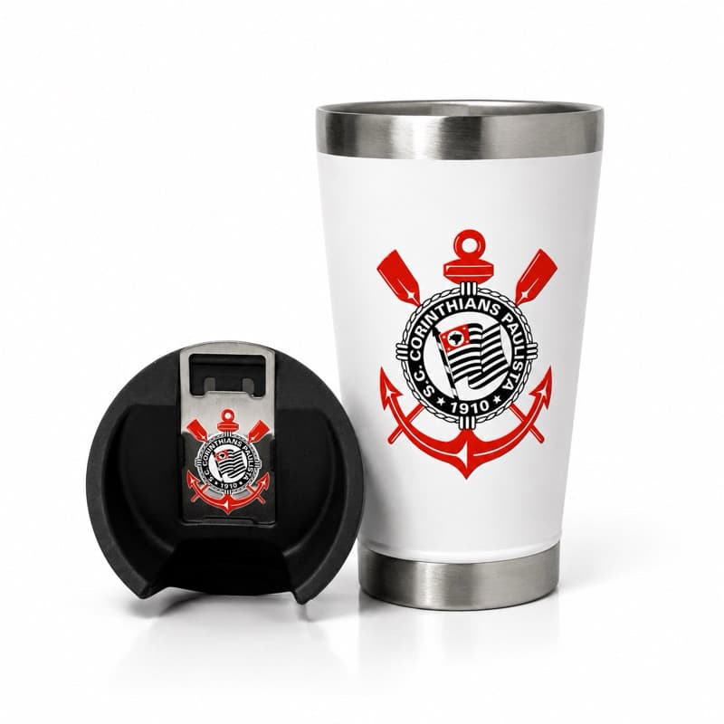 Copo Corinthians Personalizado  Térmico 473ml Tampa Abridor Aço Inox Parede Dupla Quente e Gelado