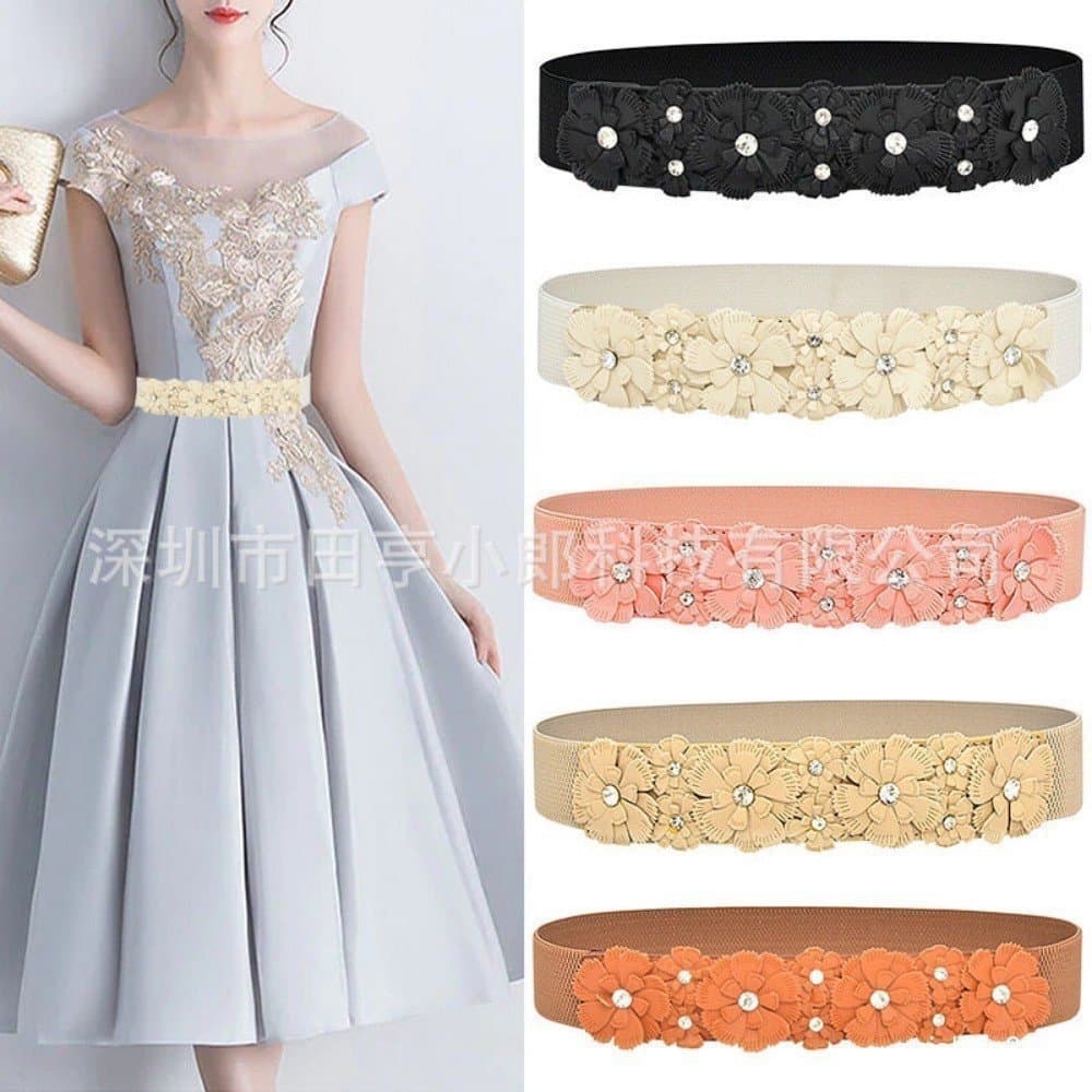 Cinto Feminino Coreano com Decoração de Strass e Padrão Floral, Elástico, Simples e Doce, GM598 584O