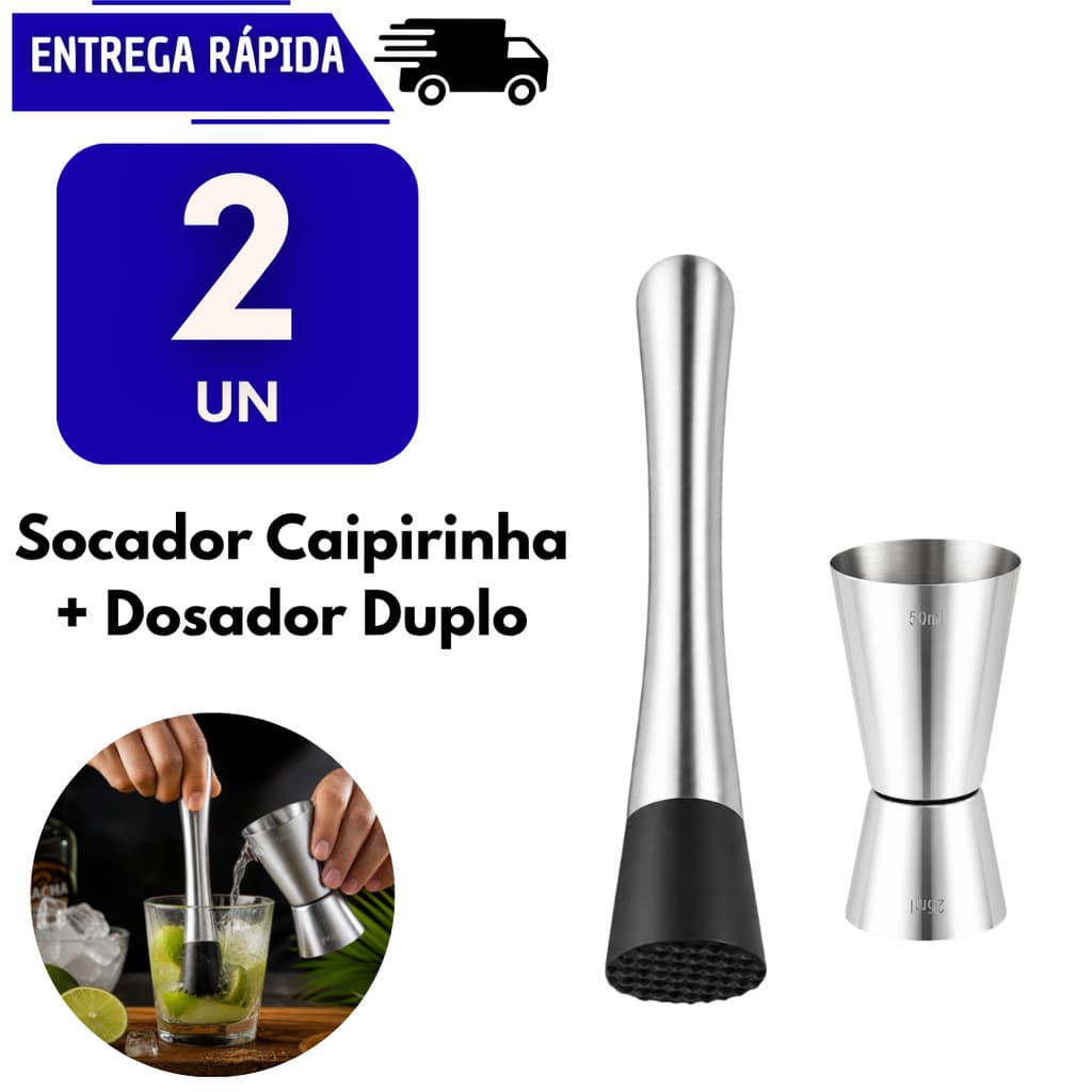 Kit Drink 2 Socador E 2 Dosador Duplo 25/50ml Em Aço Inox Caipirinha Dose Coquetel Bar Restaurante Bebidas Bebida Barman