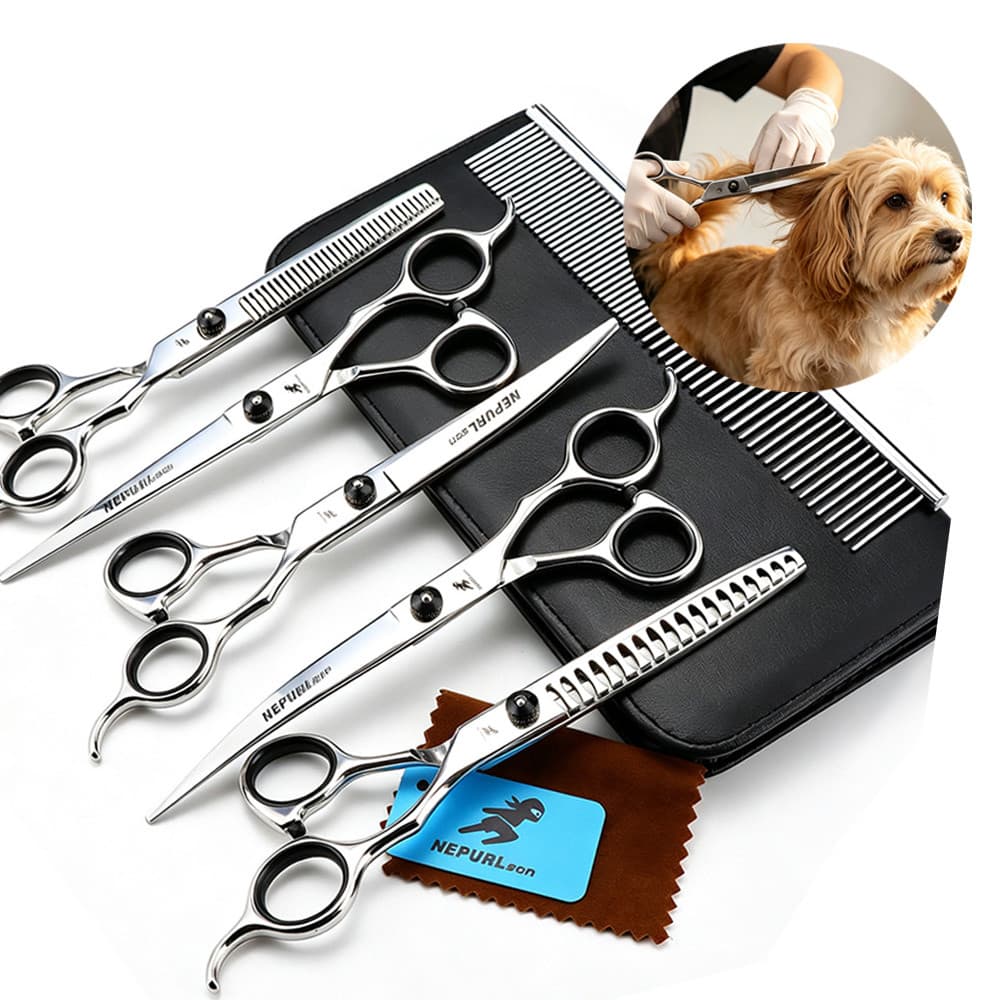 Kit Tesoura Tosar Pet 7 Polegadas Reta Curva Desfiadora Fina E Peixe Com Pente Estojo