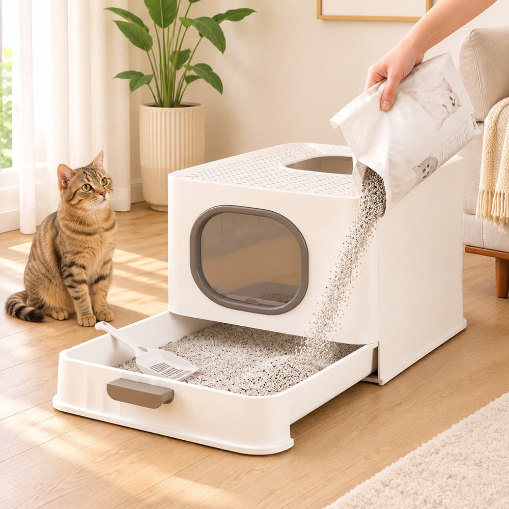 Caixa de Areia para Gatos Fechada Extra Grande Gaveta Removível Porta Dupla Anti Odor Banheiro Sanitário Gato