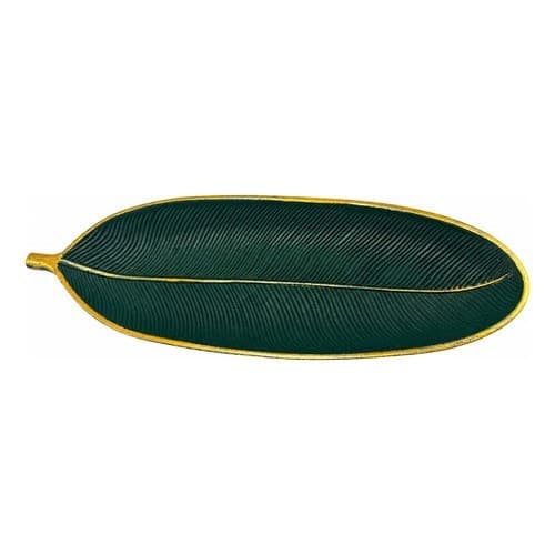 Travessa Decorativa Folha Verde Com Acabamento Dourado 40,5c Verde-escuro