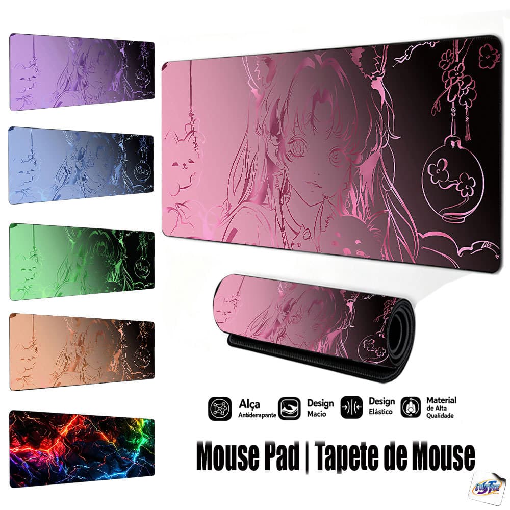 Mouse Pad Gamer Tapete de Mouse 80x30cm Desenho de Menina Base de Borracha Antiderrapante Borda Costurada FPS Escritório