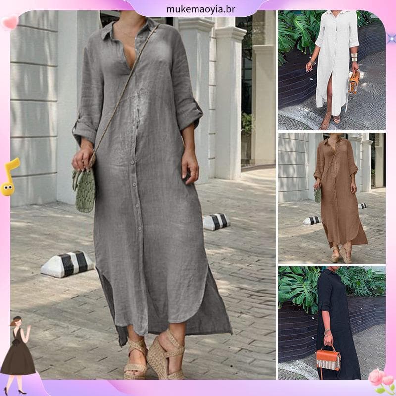 Mulheres E # 39 ; s Vestido De Linho De Algodão Primavera Vintage Botão Manga Longa ve Maxi