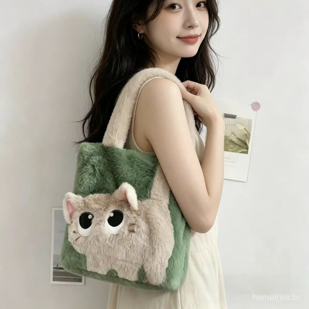 Bolsa Pelúcia Bordada - Ombro Feminina Média Inverno 7 Cores 210g