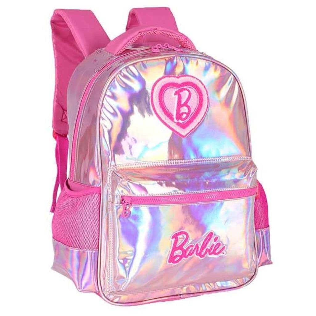 Mochila Costas Juvenil Feminina Barbie Holográfica Pink Luxcel