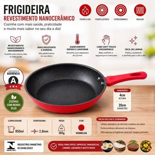 Frigideira Antiaderente Nanoceramica 20cm Alta Durabilidade Design Moderno Vermelho