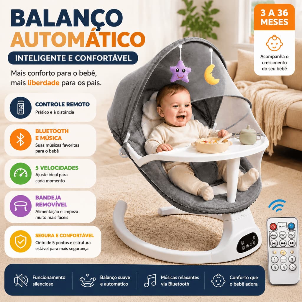 Cadeira de Descanso Bebê 3 em 1 Vibratória Musical com Balanço, Brinquedos, Móbile e Capota Protetora