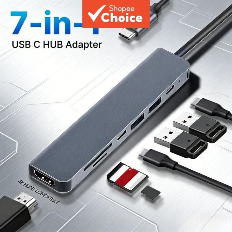 7 Portas USB-C SD/TF Adaptador Leitor de Cartões com Carregamento PD Tipo-C para MacBook e Laptops de Escritório