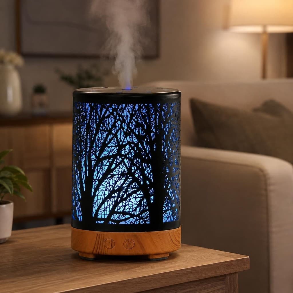 Umidificador e luminaria e Difusor de Aromas Ultrassônico com LED 7 Cores Efeito Chama Madeira para Quarto e Sala