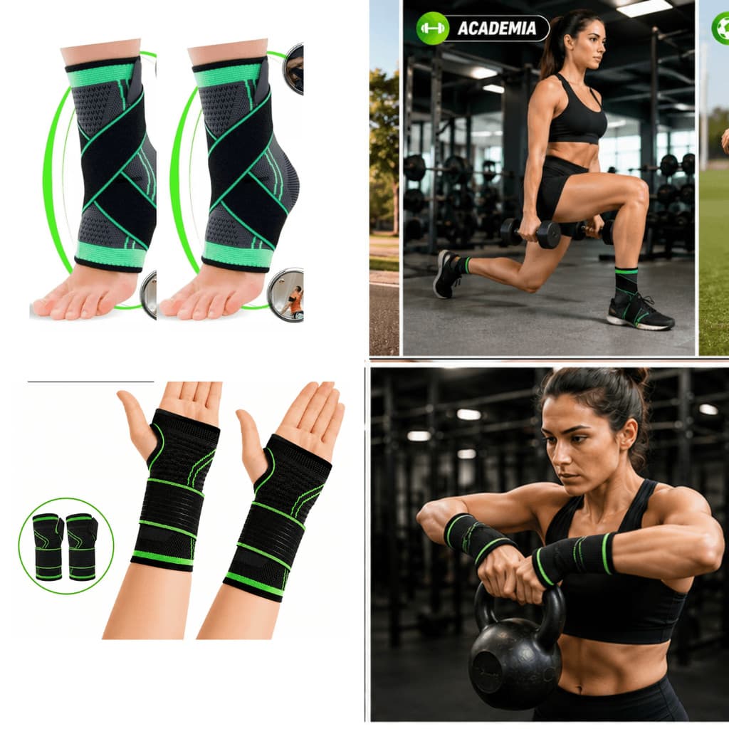 Kit 2 Munhequeiras 2 Tornozeleiras Ortopédicas Compressão Ajustável Tendinite Academia Esportes