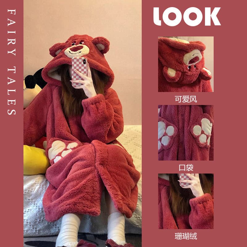 [OSEE] Roupão de lã coral com estampa de urso morango de desenho animado, pijama feminino de outono e inverno, espesso e