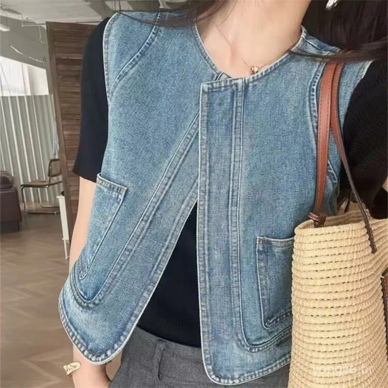 Colete Jeans Feminino Sem Mangas, Decote Redondo, Com Bolso, Top Casual, Colete de Moda Streetwear Para Mulheres, Primav