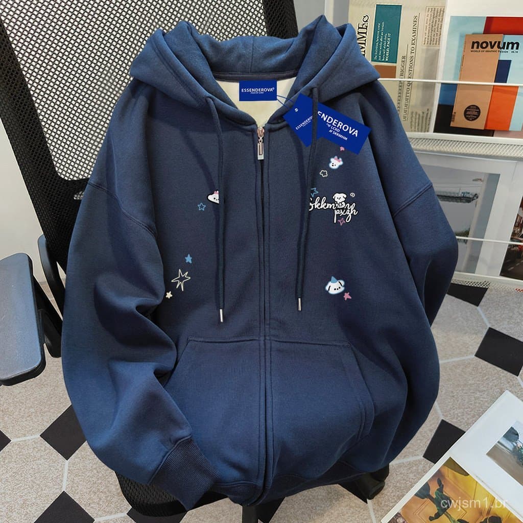Moletom Feminino com Zíper, Estampa de Cachorrinho Fofo e Estrelas, Manga Longa, Estilo Casual, Tamanho Grande C