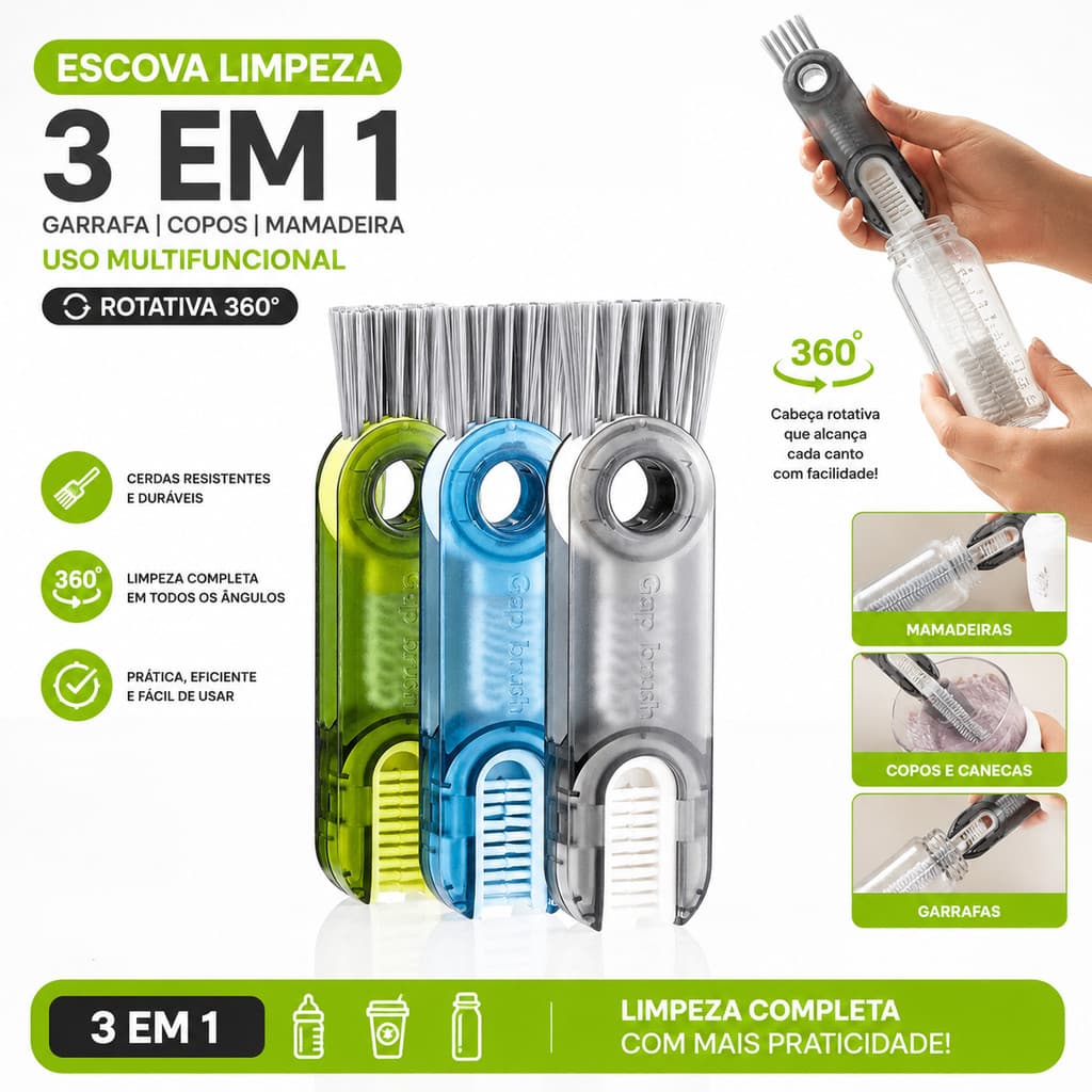 Escova Limpeza 3 Em 1 Garrafa Copos Mamadeira Uso Multifuncional Rotativa 360 Graus