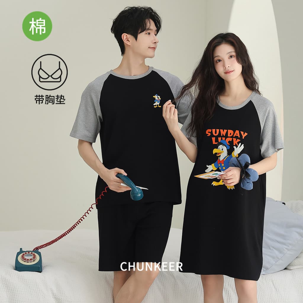 Casal pijamas de algodão puro camisola feminina verão saia média masculino Shorts de manga curta bonito Homewear dos des