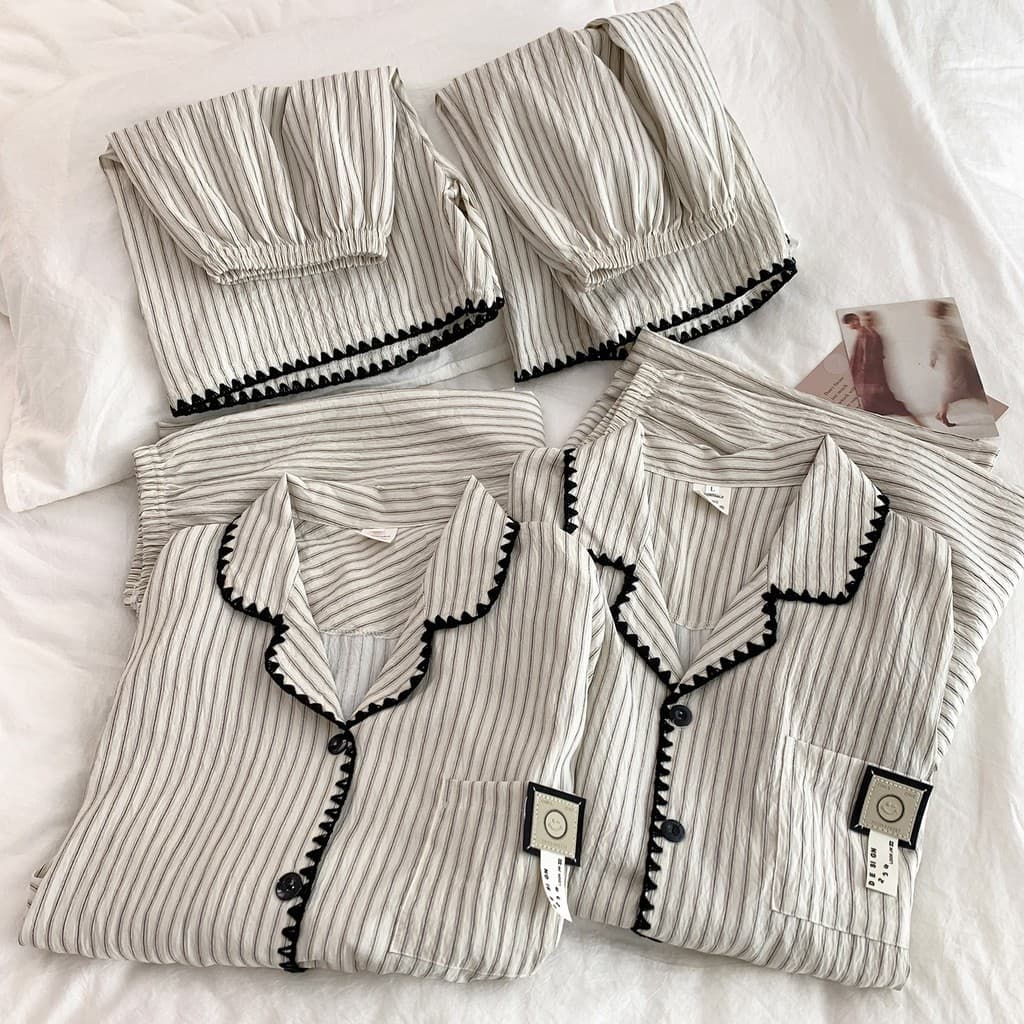 Listrado Smiley nuvem algodão casal pijamas conjunto de três peças verão Cardigan pode usar fora um masculino um feminin